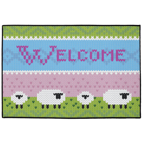 Welcome Sheep Indoor/Outdoor Floor Mat, Wool lover gift, sheep lover gift, knit gift, knitter gift, yarn lover gift, spinning wheel gift